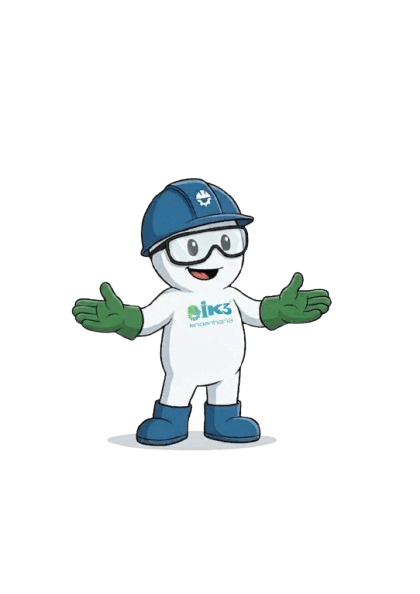 Ikazinho, mascote da IK3 Engenharia, sinalizando manutenção